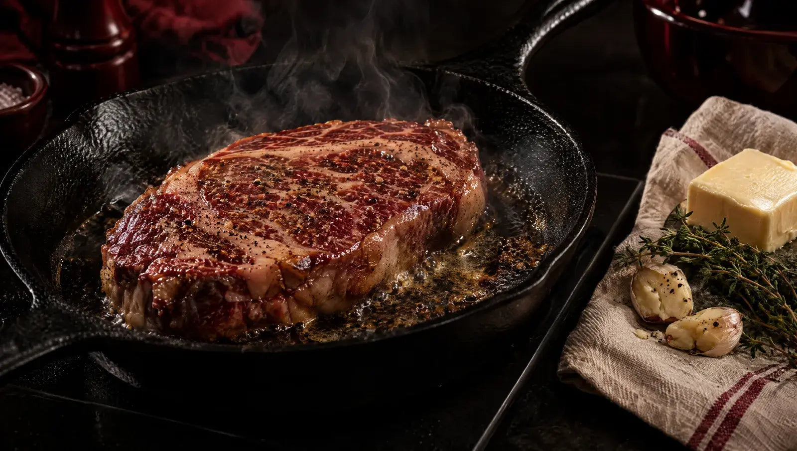 Wagyu ribeye searing in a cast-iron pan